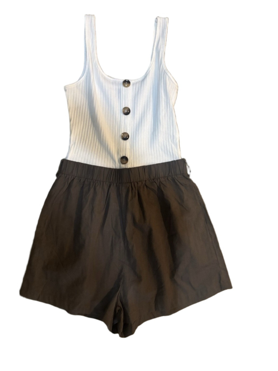 SHEIN Pants - Women's SHEIN White & Brown Ribbed Button-Front Romper S